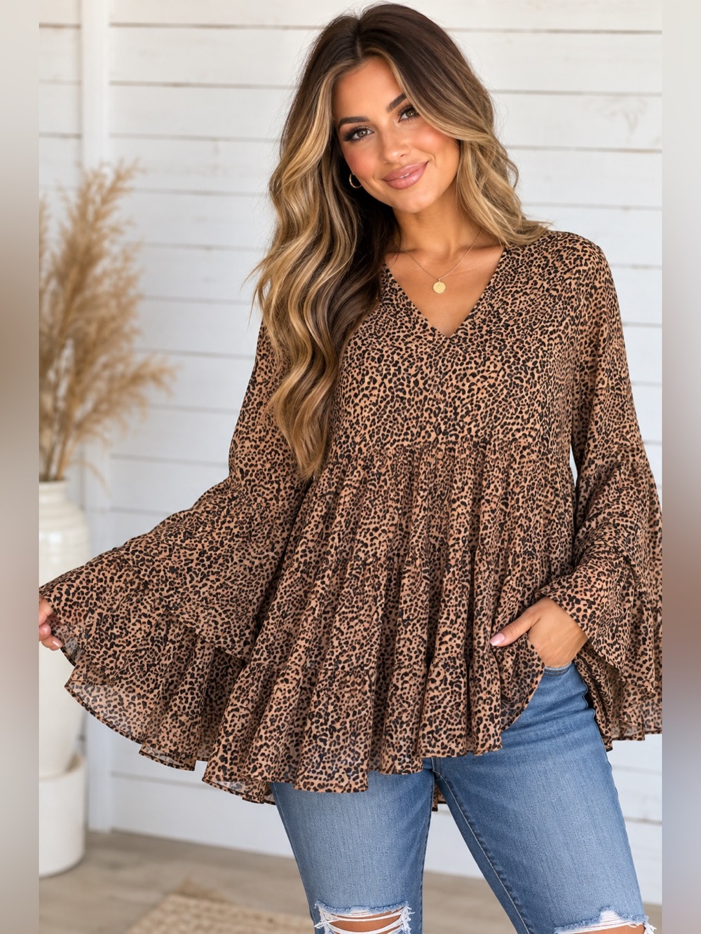 ANDTHEWHY Animal Print V-Neck Tiered Ruffle Bell Sleeve Blouse Size Medium